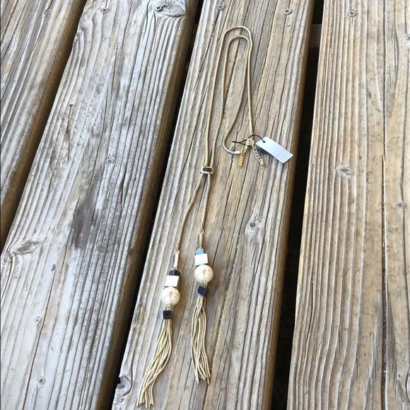 WHBM BNWT Pale Gold Tone Faux Pearl Geometric Tassel Necklace! - Picture 2 of 12